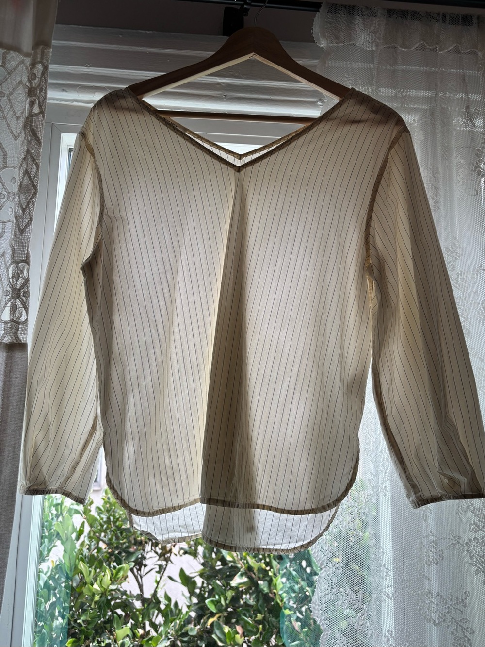 Japanese Cotton Sheer Pinstripe V-Neck Blouse 100% cotton in Cream - Picture 5 of 8